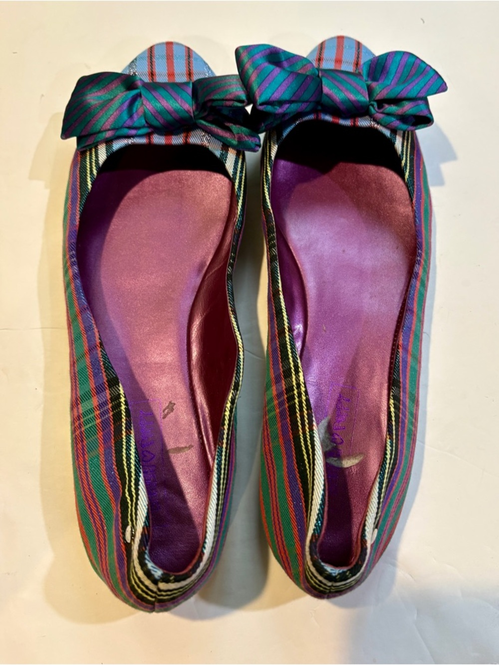 Coach Striped Bow 🩰 Flats in Green & Purple Pink Insole 11B Hard to Find - Picture 3 of 10
